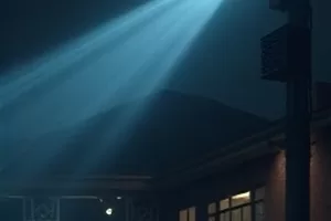 《雾港来信》剧照,雨夜码头上的旧式路灯与潮湿石阶
